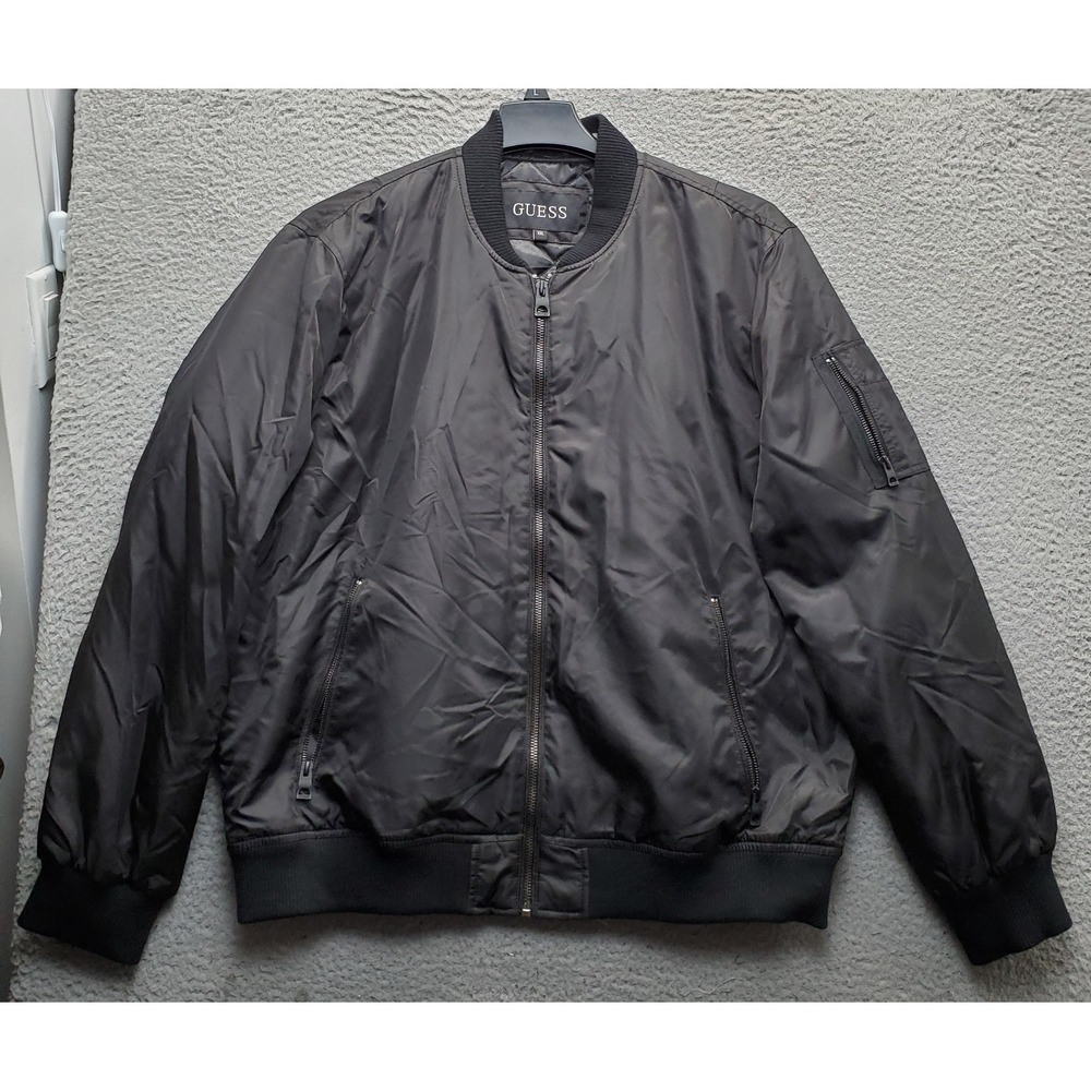 Guess Bomber Jacket Men XXL Black Quilted Lined Zipper Pocket Band Collar Casual